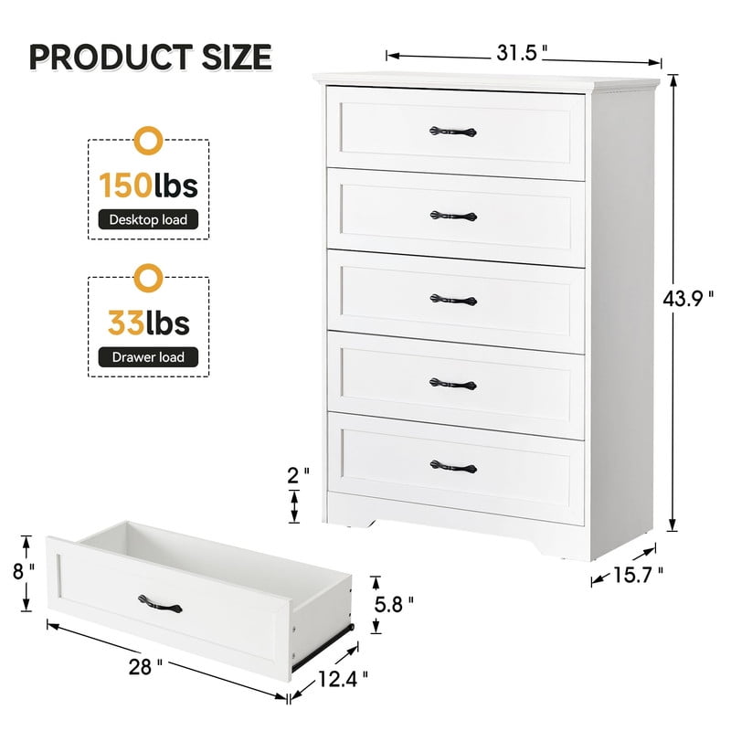TROPOW Modern 5 Drawers Dresser, Chest of Drawers Closet Organizers and Storage Clothes, Modern Dressers for Closet Living Room, Kids Bedroom