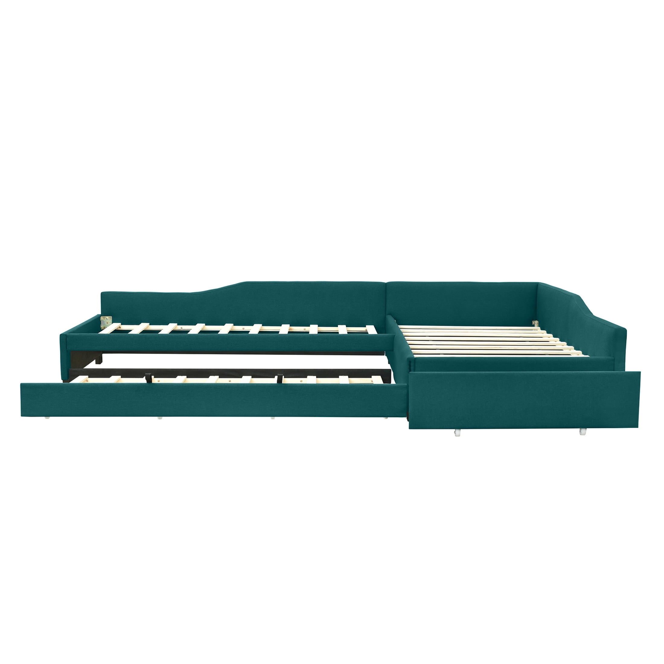 Noble House Orielle Linen Upholstered Double Twin Daybed with Extra Trundle and Storage Drawer, Plywood Frame, Green