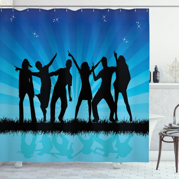 Silhouette Shower Curtain, Dancing Crowd Funky Sunbeams Background Print, Fabric Bathroom Set with Hooks, 69W X 75L Inches Long, Cobalt Blue Aqua Sea Blue and Charcoal Grey, by Ambesonne