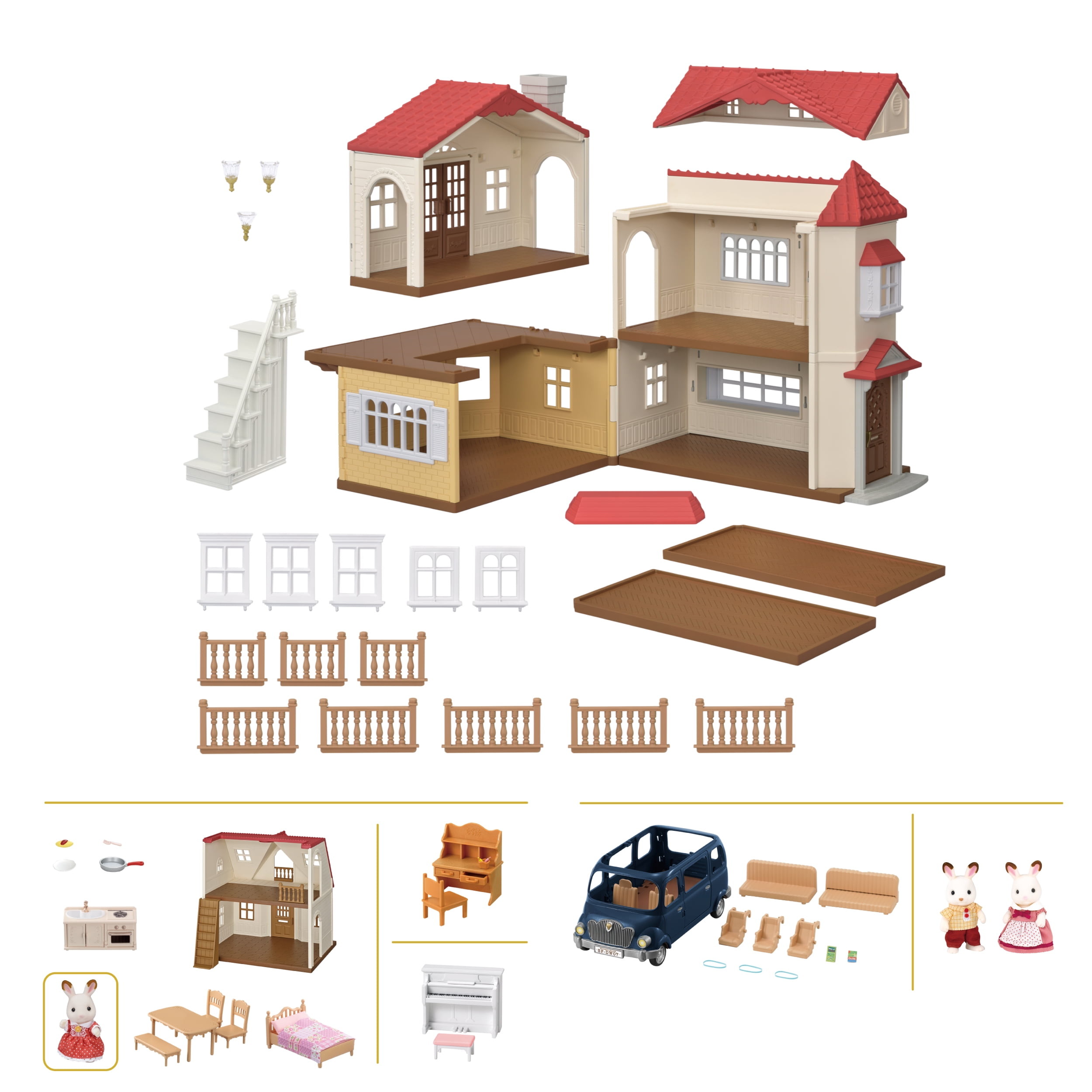 Calico Critters Red Roof Grand Mansion Gift Set, Dollhouse Playset with 3 Figures, Furniture, Vehicle and Accessories