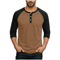 Dagegui Henley Shirts for Men Big and Tall Long Sleeve Tops Trendy Color Block Crewneck Pullover Baseball Tops Brown XXXXXL