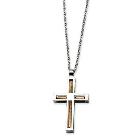 Jewelryweb Stainless Steel Polished and Rose Gold Plated Cross PendantNecklace - 22 Inch