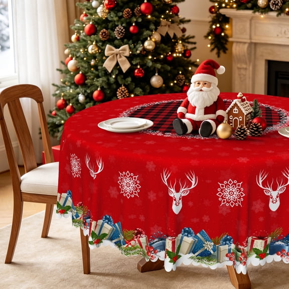 Winter Christmas Reindeer Gift Box Round Tablecloth,60 Inch,Washable Decorative Table Cover for Winter Gathering