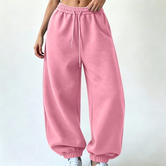 Karymi Solid Casual Sweatpants Women, Balloon Long Pants, Drawstring Elastic Waist Relaxed Fit Elastic Cuffs with Side Pockets