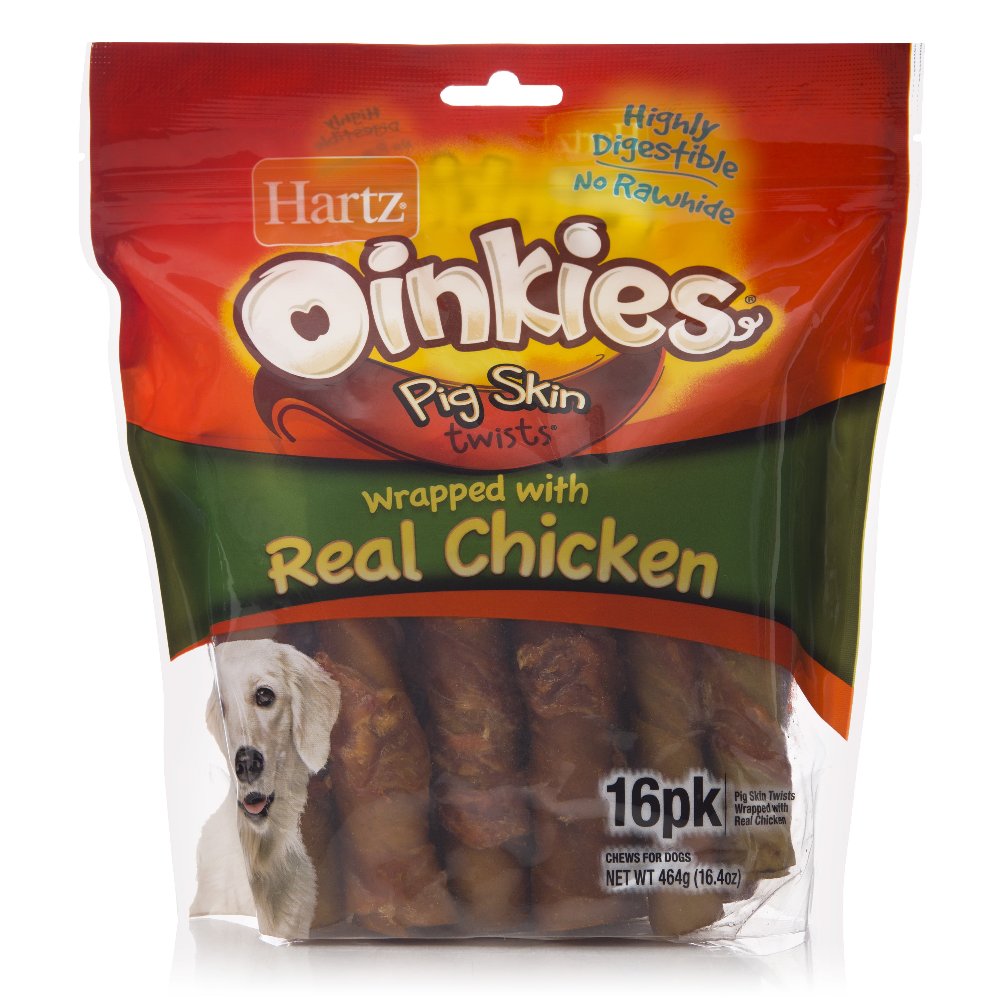 Hartz Oinkies Rawhide-Free Chicken Wrapped Smoked Pig Skin Twists Dog Treats, 16.4oz (16 Count)
