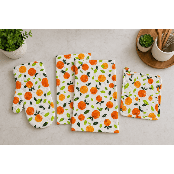Serafina Home Fruit Kitchen Towels and Pot Holder: Watercolor Oranges and Leaf Print on Flat Weave Cotton with Easy Hang Fabric Loops (Orange You Smart)