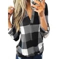 thumbnail image 1 of Plus Size Plaid Roll Up Pullover Tops Long Sleeve Flannel Tunic Blouse Tops Oversized V-Neck Autumn Basic Tee, 1 of 2