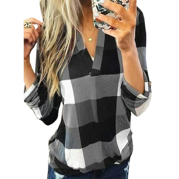 Plus Size Plaid Roll Up Pullover Tops Long Sleeve Flannel Tunic Blouse Tops Oversized V-Neck Autumn Basic Tee