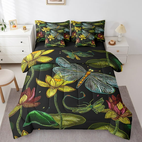 Erosebridal Dragonfly Lotus Bedding Sets Twin Size,Mother'S Day Gifts Comforter Sets with Sheets,Floral Decor,Reversible,7pcs