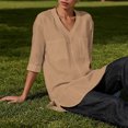 thumbnail image 7 of Lenpel Half Sleeve Womens Tops Cotton Linen V Neck Tunic Blouses with Pockets Fashion Side Split High Low Hem Shirts, 7 of 7