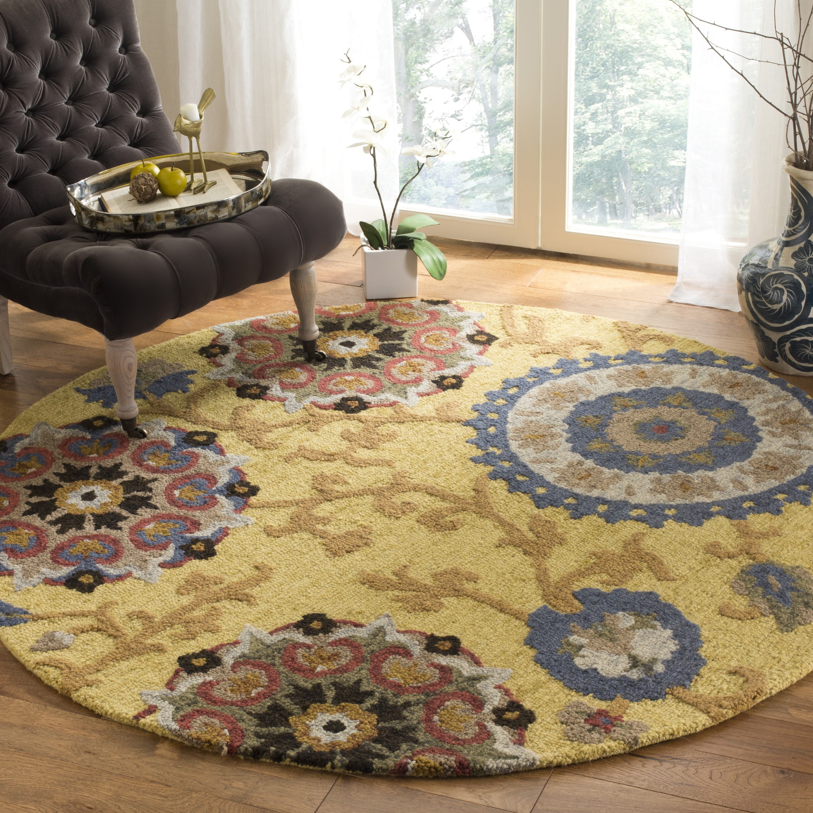 SAFAVIEH Blossom Danny Floral Wool Area Rug, Gold/Multi, 4' x 4' Round