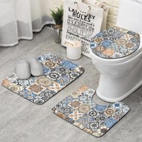 Multicolor Ethnic Geometric Patchwork Pattern Bathroom Rugs Sets 3 Piece,Toilet Cover Set,Absorbent Non Slip Bathroom Mats Sets with U-Shaped Contour Rug Toilet Rug Set