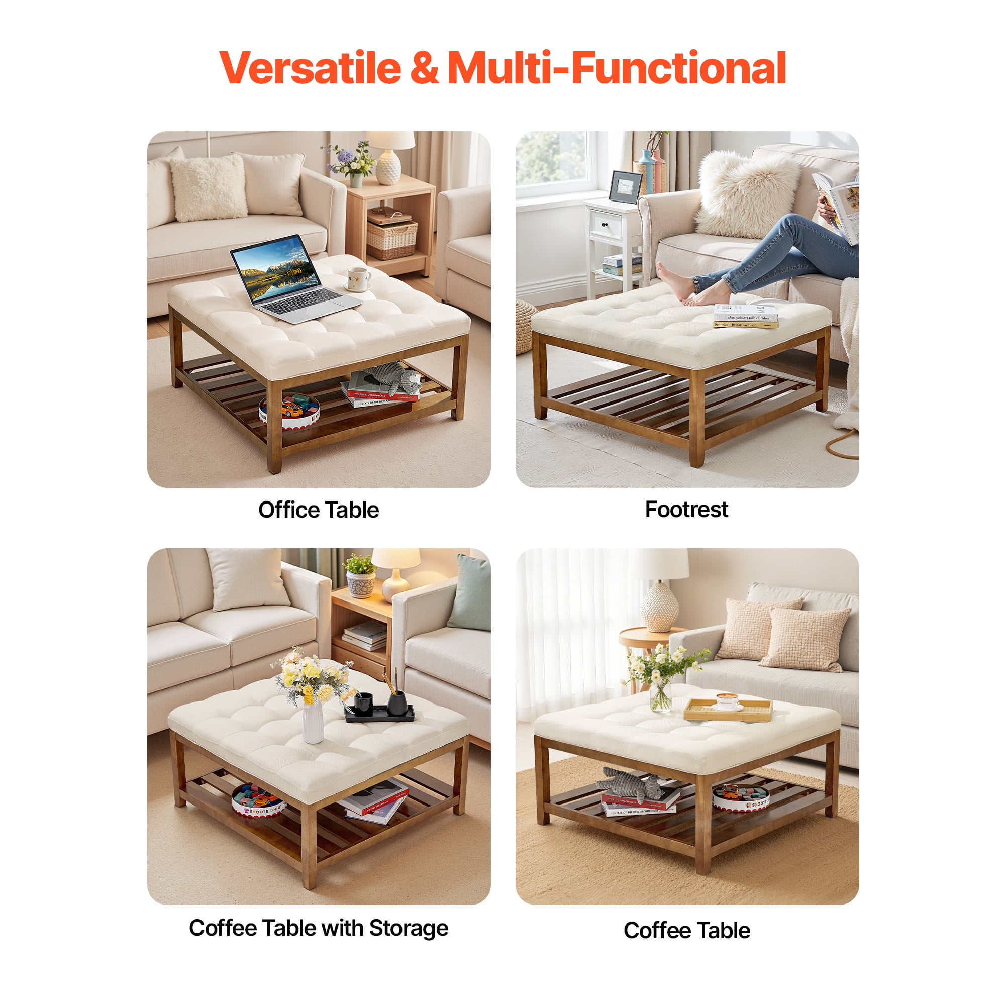 KFFKFF Large Square Ottoman Coffee Table, 34.5-Inch Tufted Design with Solid Wood Storage Shelf, Upholstered Linen Footrest for Bedroom or Living Room, 400 lbs Capacity, Off-White