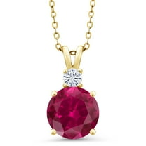 Gem Stone King 18K Yellow Gold Plated Silver Red Created Ruby and White Moissanite Pendant Necklace for Women (4.16 Cttw, Gemstone July Birthstone, Round 10MM, With 18 inch Chain)