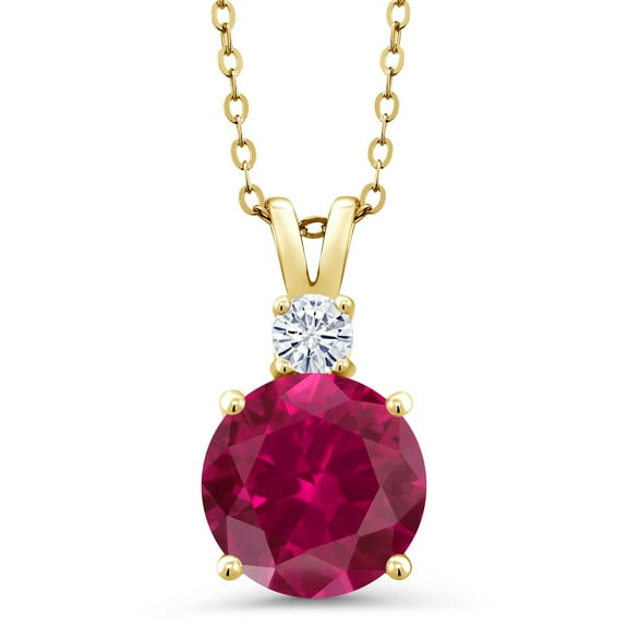 Gem Stone King 18K Yellow Gold Plated Silver Red Created Ruby and White Moissanite Pendant Necklace for Women (4.16 Cttw, Gemstone July Birthstone, Round 10MM, With 18 inch Chain)
