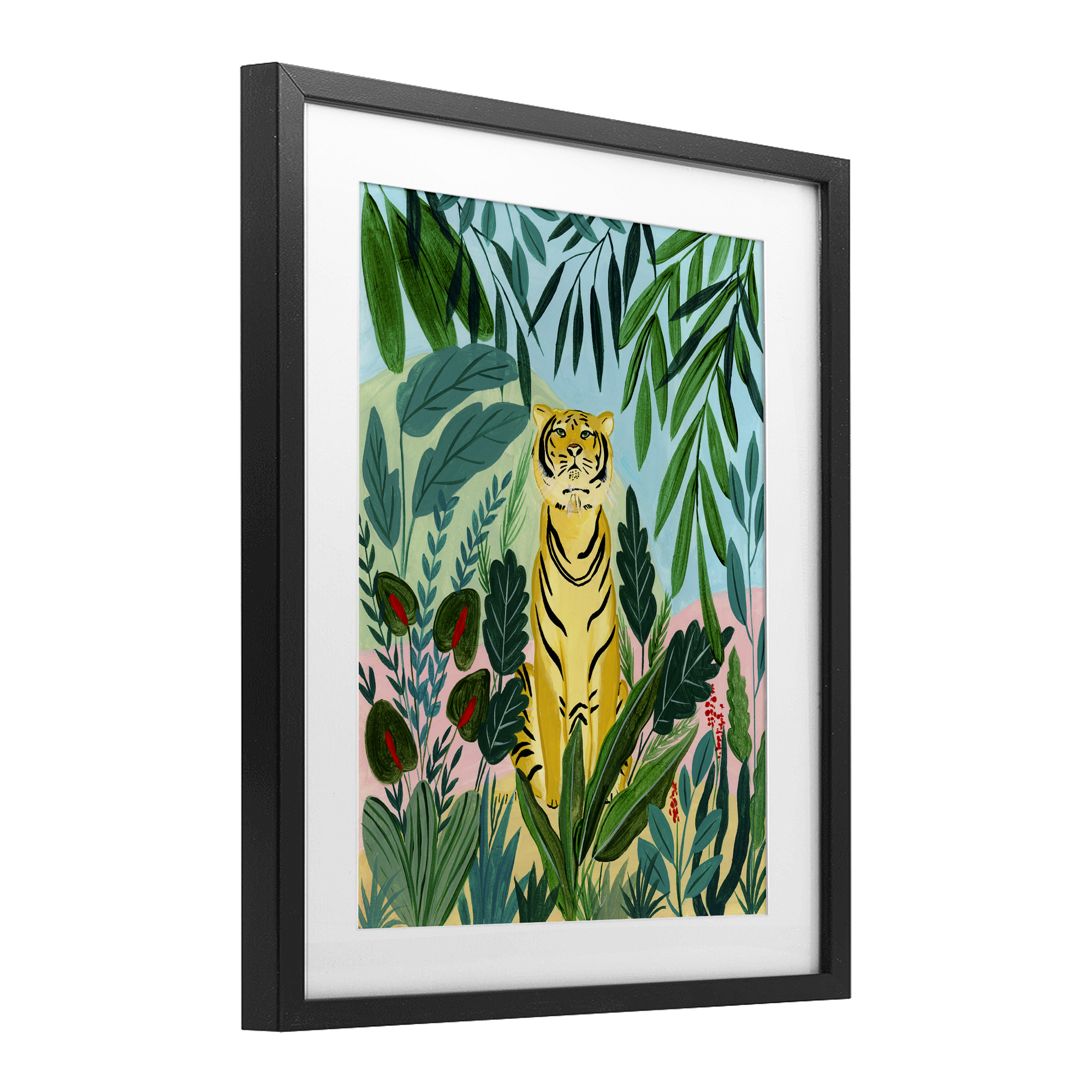 Stoic Tiger Tropical Forest Black Framed Print Under Glass, design by Nabeela Rumi