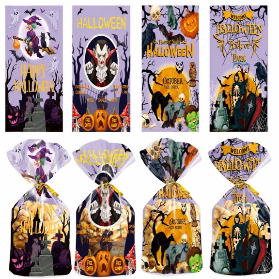 100 pcs Halloween Cellophane Treat Bags with Twist Ties, Halloween Clear Candy Trick-or-Treat Bags for Kids Party Favors