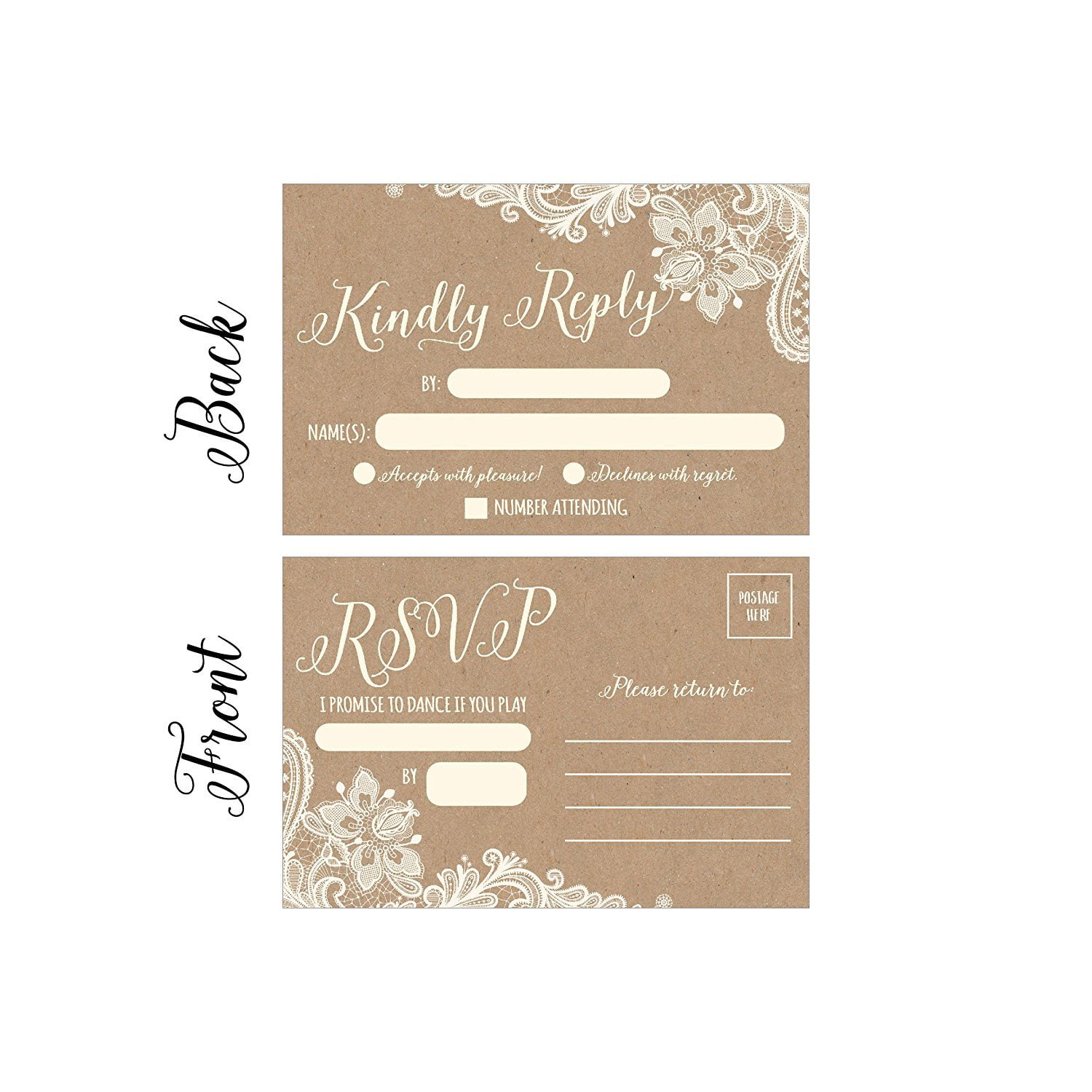 20 RSVP Post Cards for wedding Invitation Response Rustic White Lace Postcards 