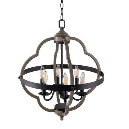 

6-light pendant with black&wood finish and steel cage shade