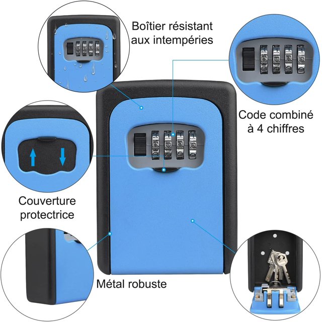 Caja de seguridad para llaves, Caja de seguridad con cerradura de aleación de zinc para almacenamiento seguro al aire libre a prueba de agua con código de combinación de 4 dígitos, para la escuela de garaje en el hogar - Azul LingWen 8390614605947