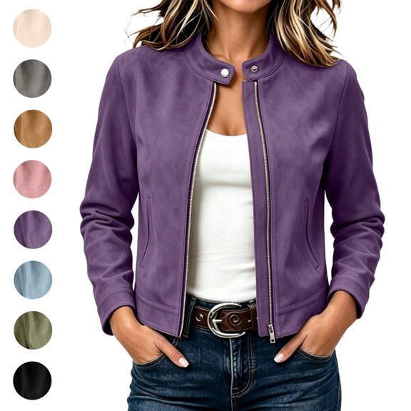 Sahpxhe Fall Jackets for Women Faux Suede Zip Up Stand Collar Long Sleeve Cropped Jacket Casual Comfy Outerwear Streetwear Purple S