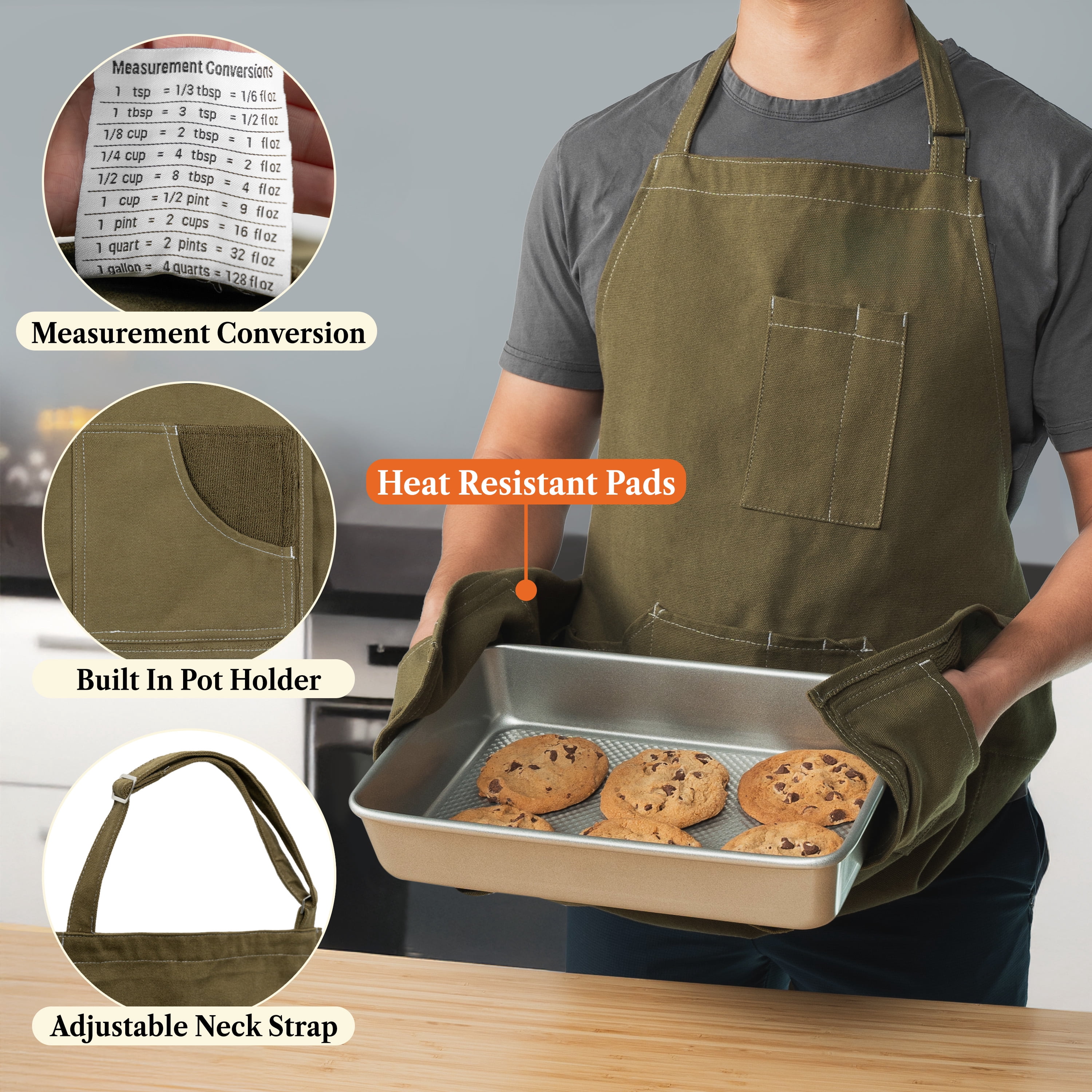 OPUX Chef Apron for Men, Canvas Apron with Pockets for Women, Large BBQ Apron for Kitchen Grilling Baking, Heavy Duty Work Apron with Adjustable Neck Strap for Barber Gardening, Olive