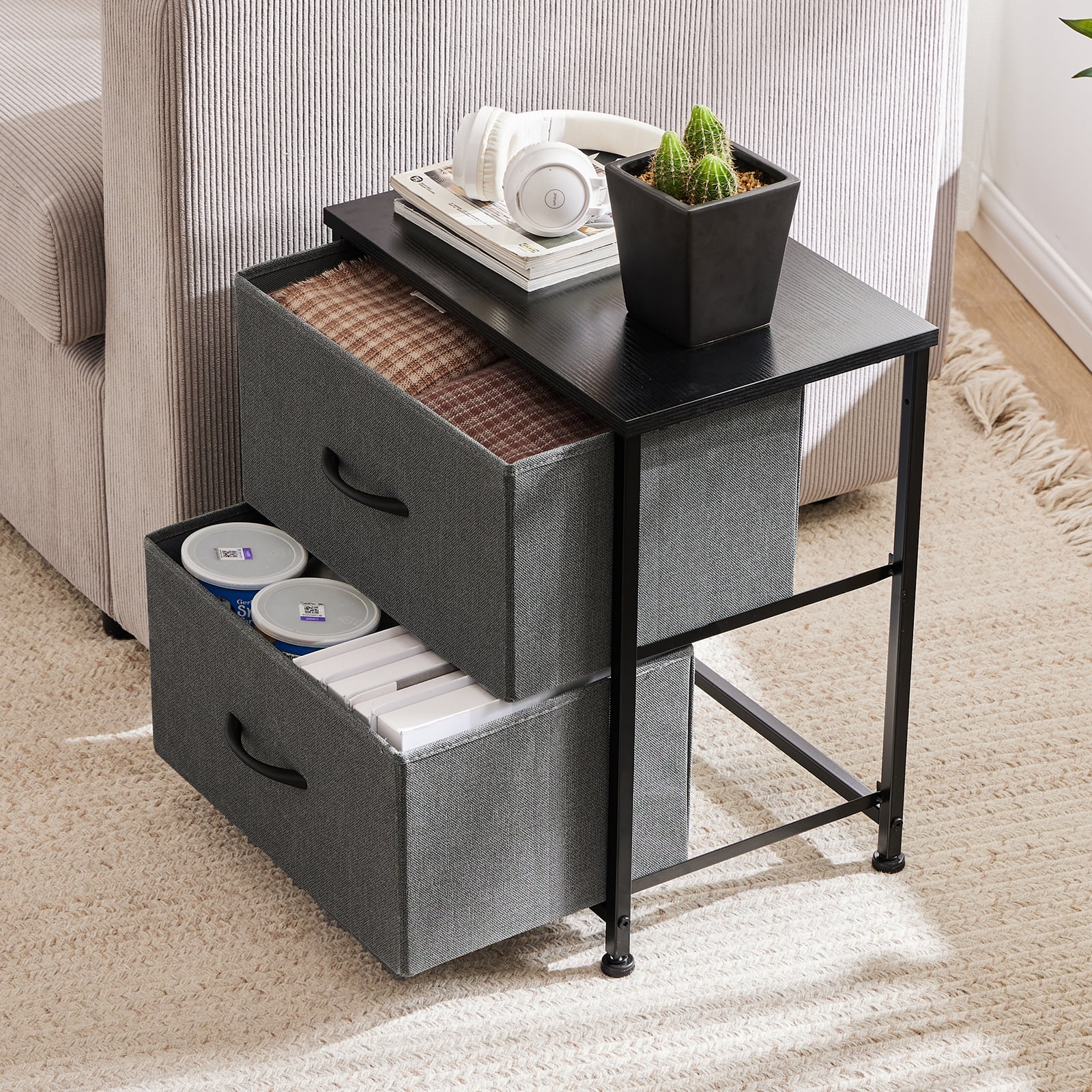 edx Nightstand, End Table Side Table with 2 Fabric Drawers Bedside Table for Bedroom, Closet, Dorm, Grey