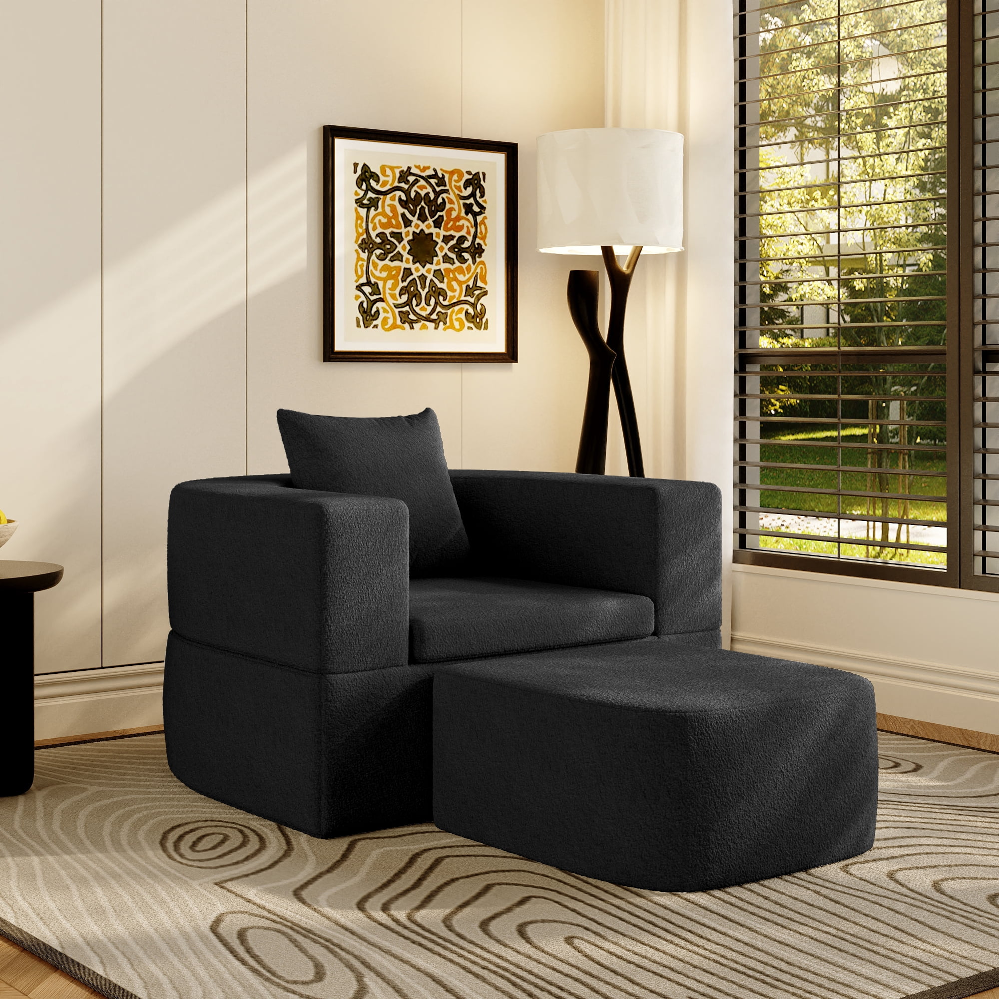 The Magic Home 41" Futon Sofa Bed Teddy Fleece Futon Couch Convertible Sleeper Floor Sofa Bed Upholstered Couch Reading Chair for Living Room, Black Couch, No Assembly