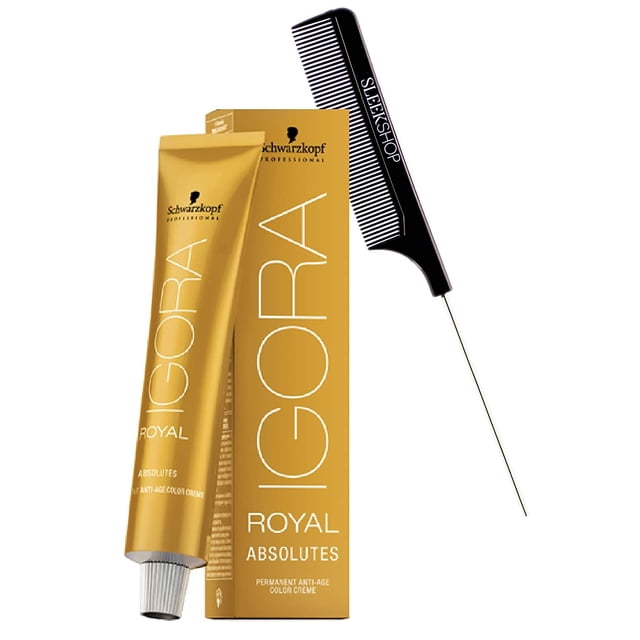 Tinte para Cabello Absolutes Schwarzkopf IGORA Royal Absolutes 4-70 Castaño Medio Cobre Natural 100% Gris Paquete de 6 con Peine de Acero SLEEKSHOP