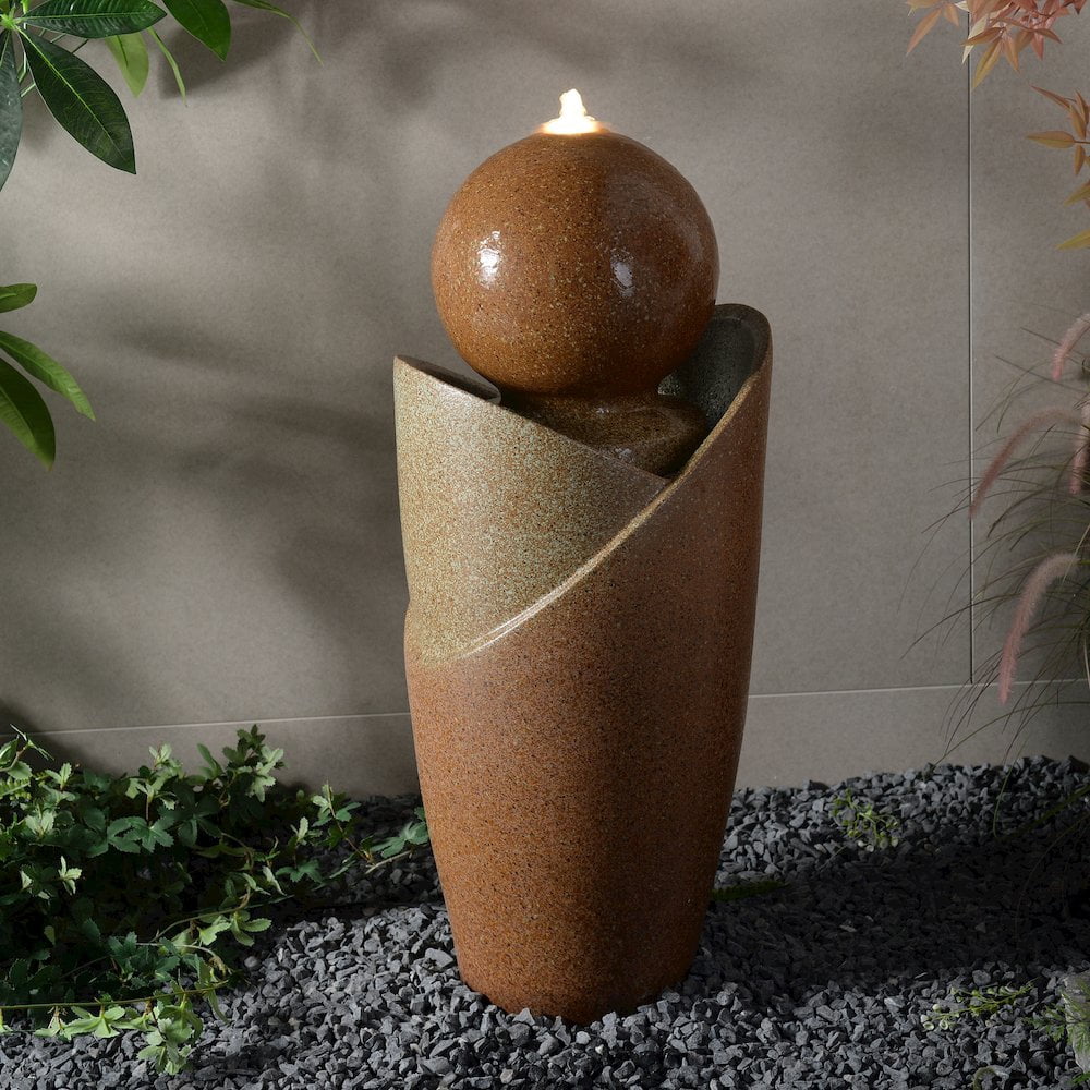 Hi-Line Gifts LED Lighted Ceramic Outdoor Garden Water Fountain - 34.25" - Brown