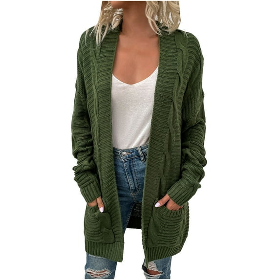 Trendy Cable Knit Long Cardigan for Women Solid Open Front Long Sweater Cardigan with Pockets Fall Outerwear
