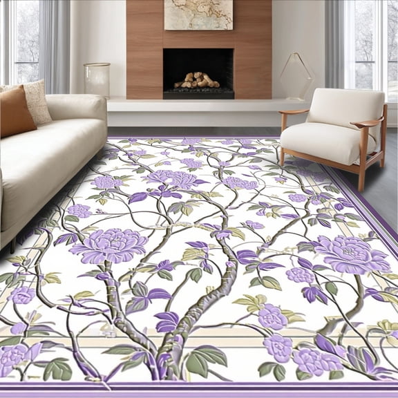 ODIKA 4'x6' Machine Washable Non-Slip Area Rug, Dwelke Style Abstract Floral Motif Patterned High Traffic Rug, Purple, 187112