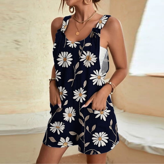 ClodeEU Women's Floral Print Sleeveless Romper,Casual Summer Jumpsuit with Pockets Black,Women's Plus L