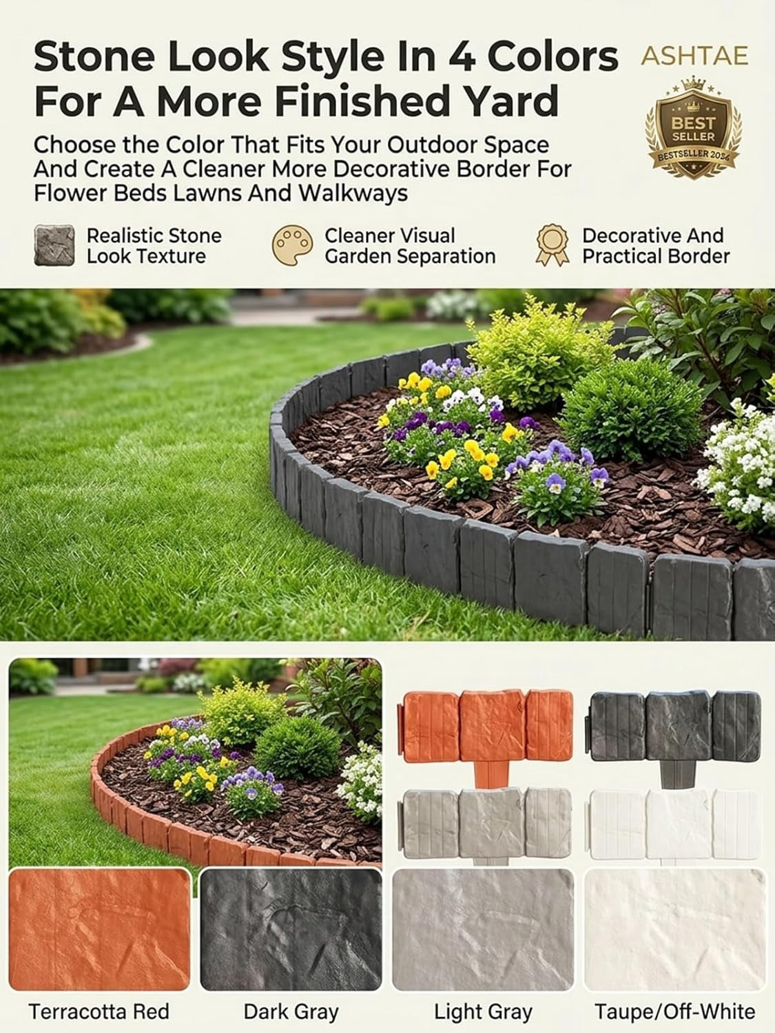 Plastic Garden Retaining Fence Garden Edging Landscape Flower Bed Edging Borders Faux Stone for Landscaping Lawn Blocks Interlocking No Dig Flexible Weather Resistant Outdoor Beds