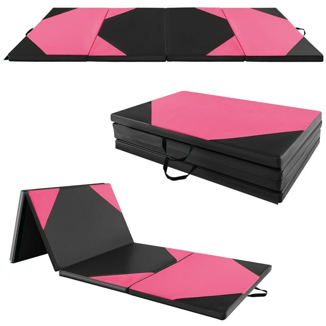 Gymax 10' x 4' x 2'' 4-Panel Folding Gymnastics Exercise Mat w/ Hook & Loop Fasteners Rose Red & Black