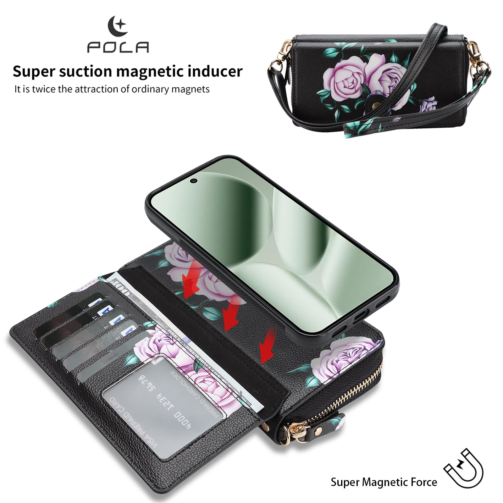 TECH CIRCLE 2-in-1 Wallet Case for Google Pixel 10 / 10 Pro (6.3", 2025), Detachable Magnetic Back Cover, Flip Flower Phone Case with 15 Card Slots, Zipper Pocket, Crossbody Strap, Wrist Strap, Black