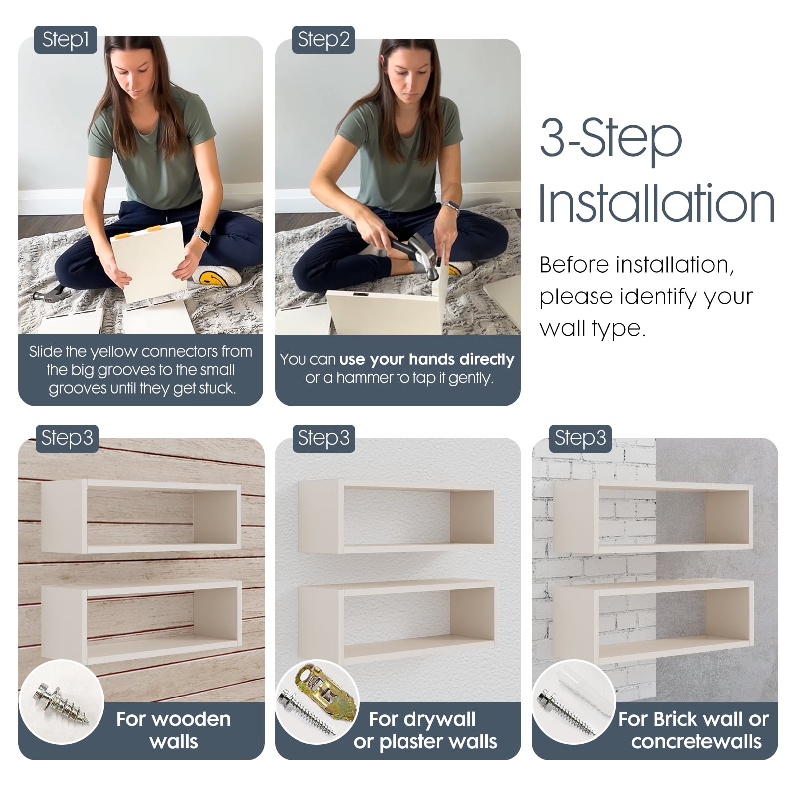 Kaboon 24" Floating Cube Shelves, Set of 2, Wall Mount Decorative Hanging Shelves, Beige Leather