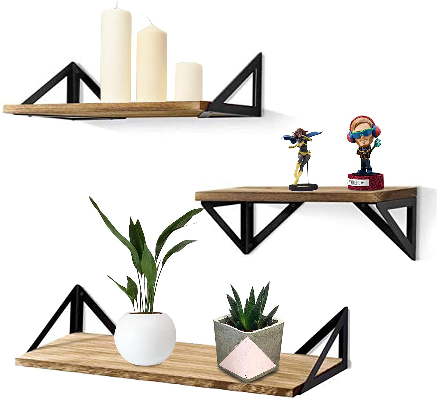 Halter Wall Mounted Shelves, Paulownia Wood Floating Shelf Set of 3