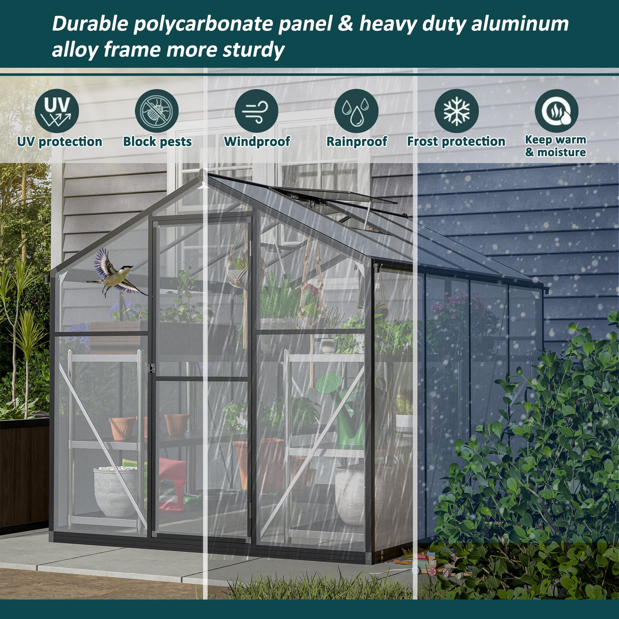 Jaxilyn 6' x 8' Greenhouse for Outdoors, Walk-in Polycarbonate Greenhouse with Quick Setup Structure and Roof Vent, Aluminum Large Greenhouse for Outside Garden Backyard
