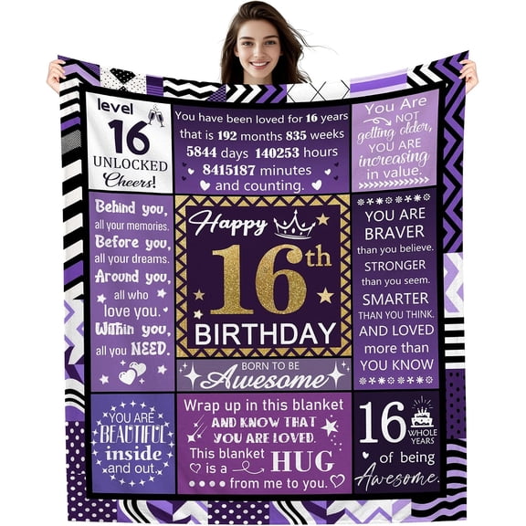 16th Birthday Blanket 16 Years Old Gifts for Girls, 16th Birthday Gift for Daughter Granddaughter Niece Sister Cousin Best Friend Happy Birthday Decorations (16-her)