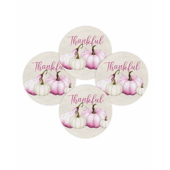 Fall Round Placemats Set of 4 Pink Pumpkins Place Mats Thanksgiving Woven Placemat Thankful Linen Circle Braided Table Mat for Kitchen Dining Table Autumn Party Home Decor 15 Inch