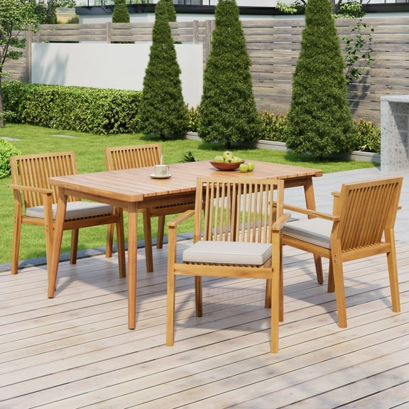 Christopher Knight Home 5-Piece Outdoor Dining Set, 63" Wood Table and 4 Chairs with Cushions, Natural