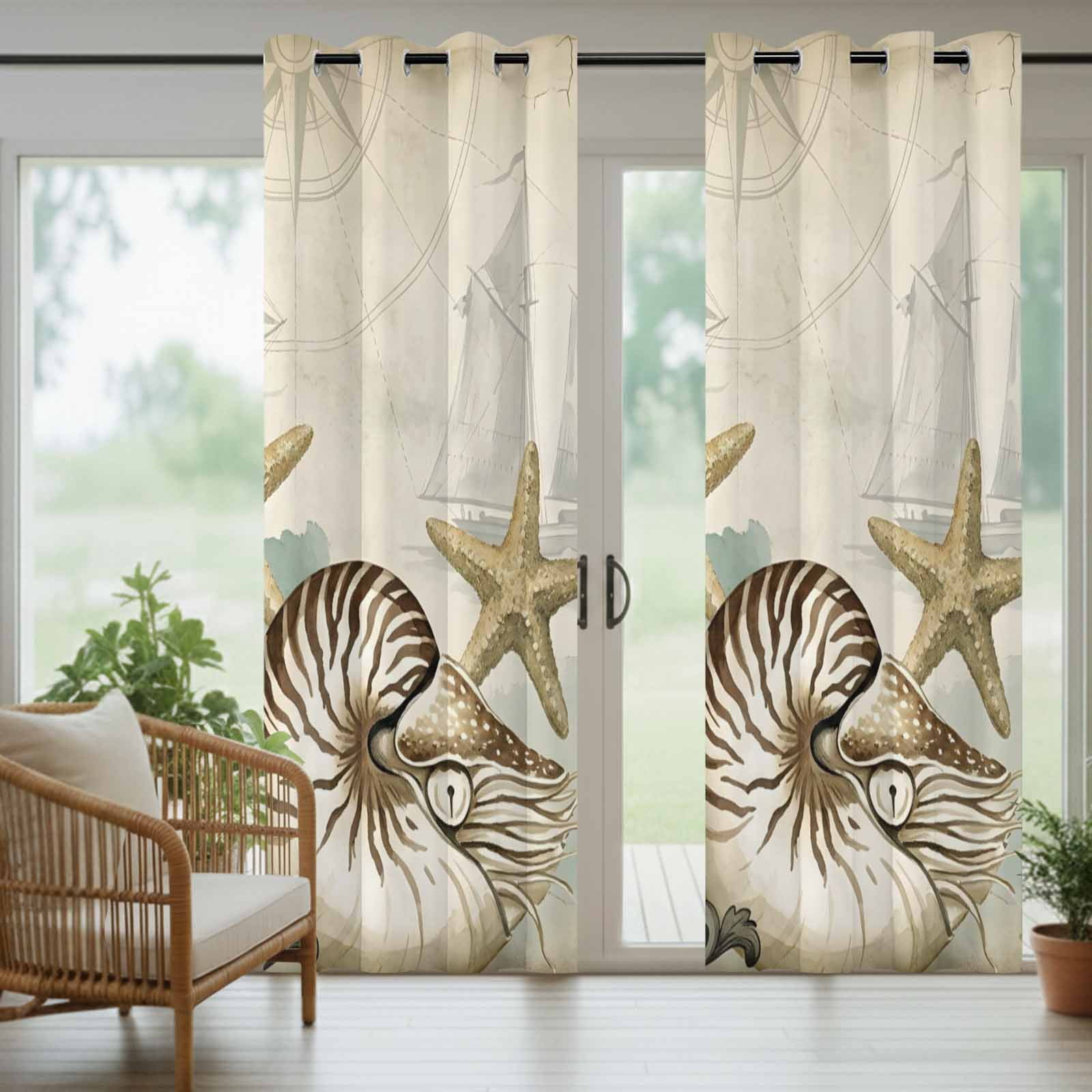 Nautical Sailboat Outdoor Curtains for Patio, Conch Yellow Starfish Vintage Watercolor Sunshade Privacy Drapes Grommet Waterproof Outside Curtains for Porch/Cabana/Balcony 54"x 108", 1 Panel