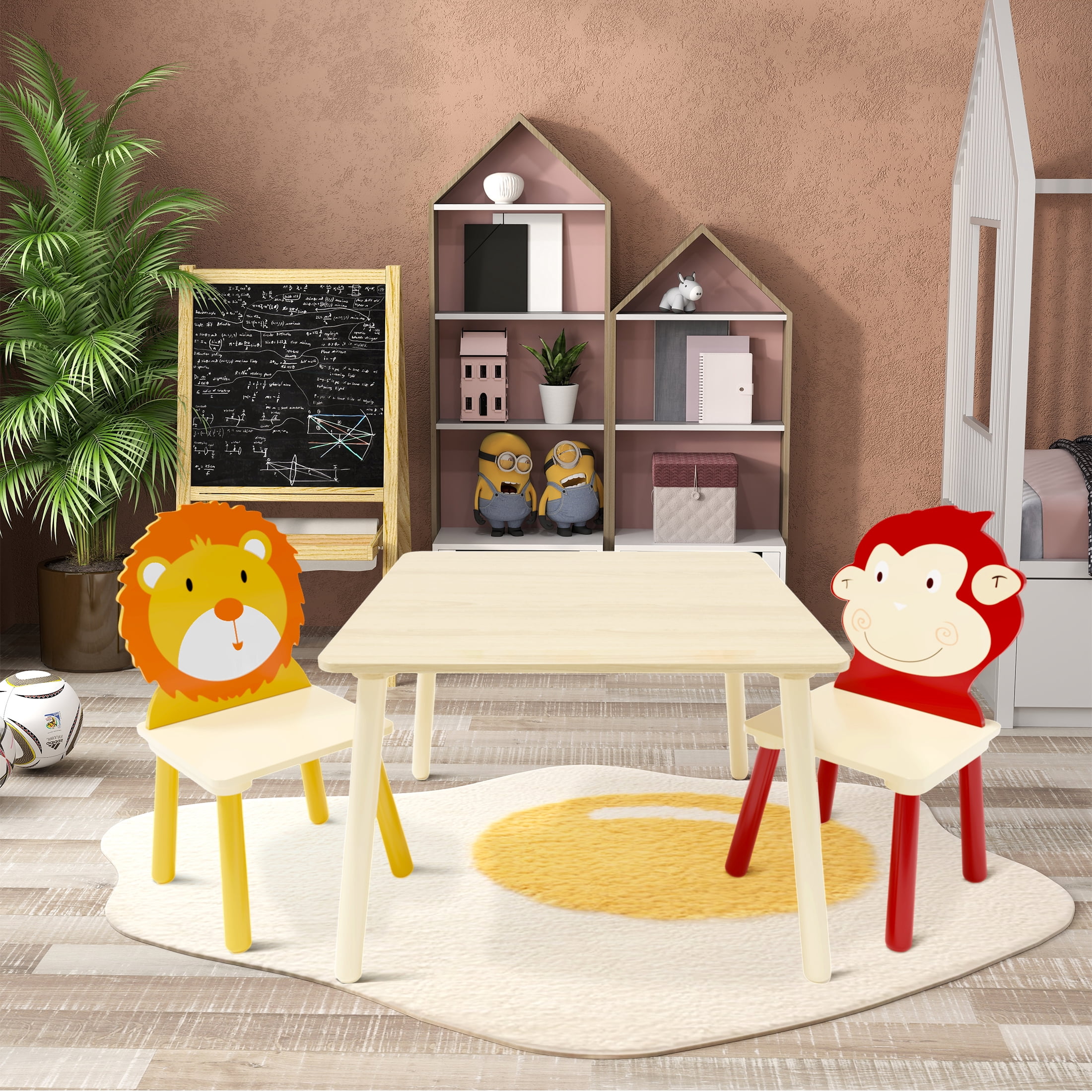 Aukfa Kids Table and Chairs Set, Wooden Play Table with 2 Animal Chairs for Toddlers, Girls, Boys