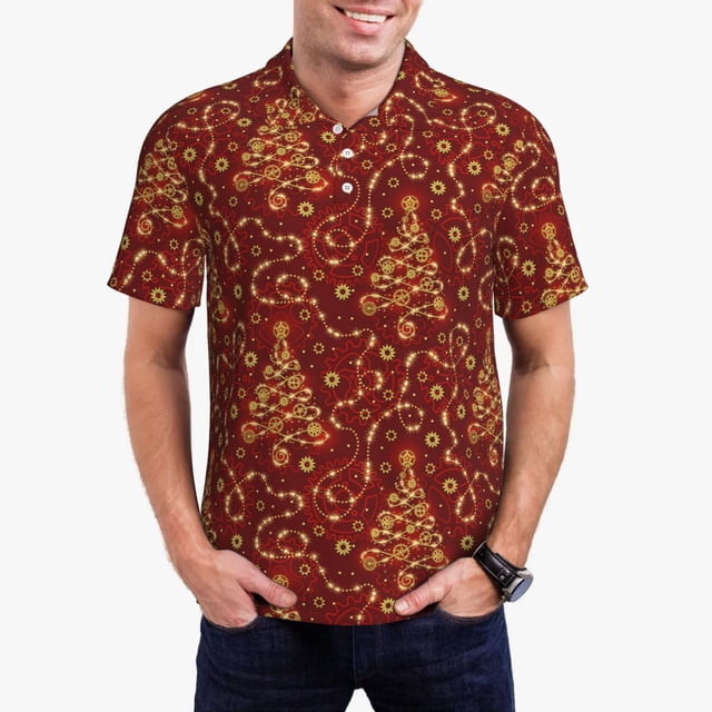 Balery Christmas Tree On A Red Background Camisa Polo de Hombre con Estampado, de Manga Corta y Tejido Medio, Camisa Tipo Golf Polo-Medium