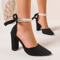 thumbnail image 2 of Hinvhai Women's Pointed Toe Pumps Bow Ankle Strap Chunky High Heels Dress Wedding Shoes Black 6(37), 2 of 9