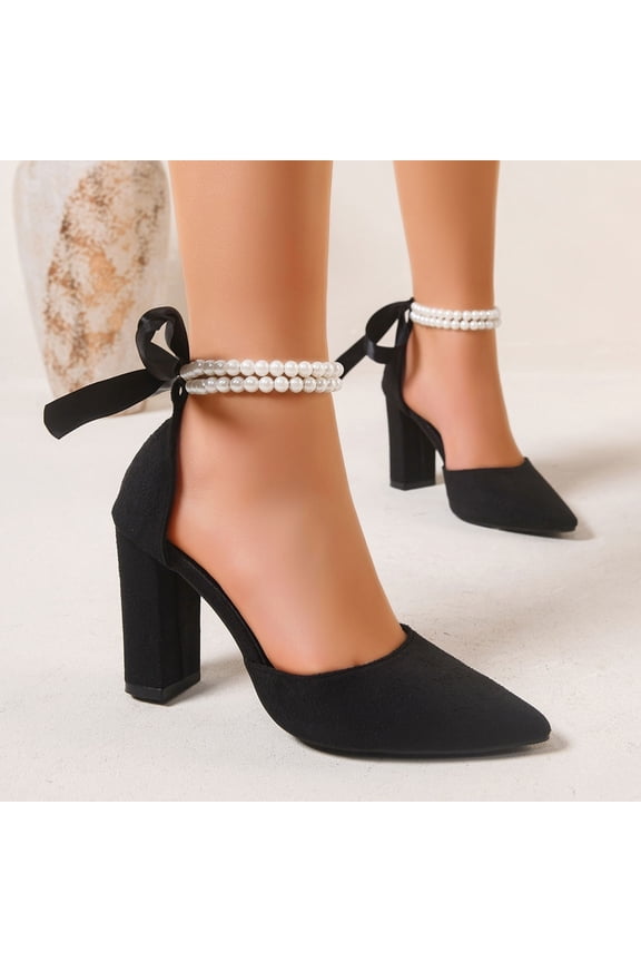 Women's Pearl Wedding Shoes for Bride High Heels Pointed Toe Bridal Shoes Block Heels Prom Party Dress Pumps Sandals Black 6(37)