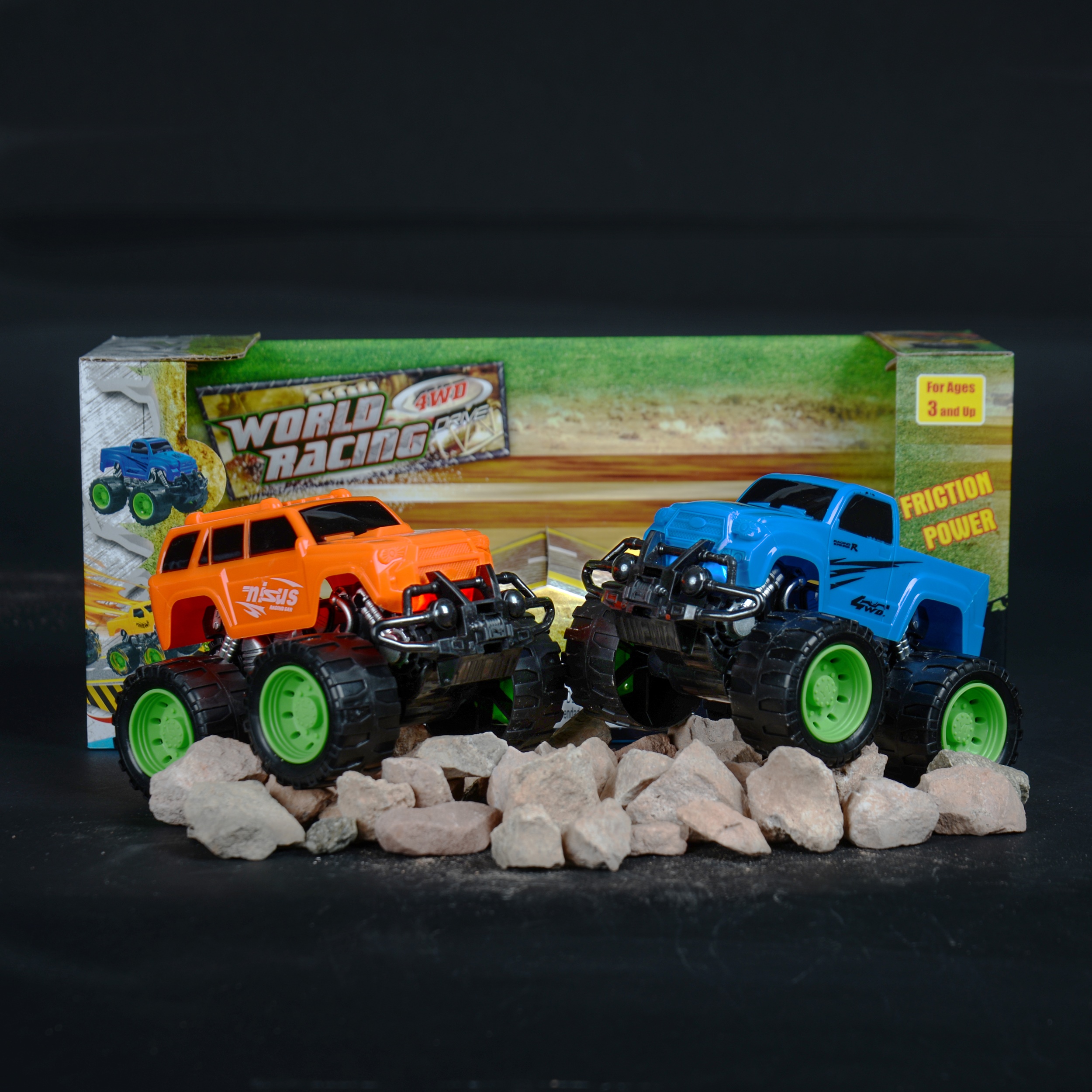 Set of 2 Friction Monster Trucks with Ramp – Travel-Size Off-Road Toy Trucks for Kids