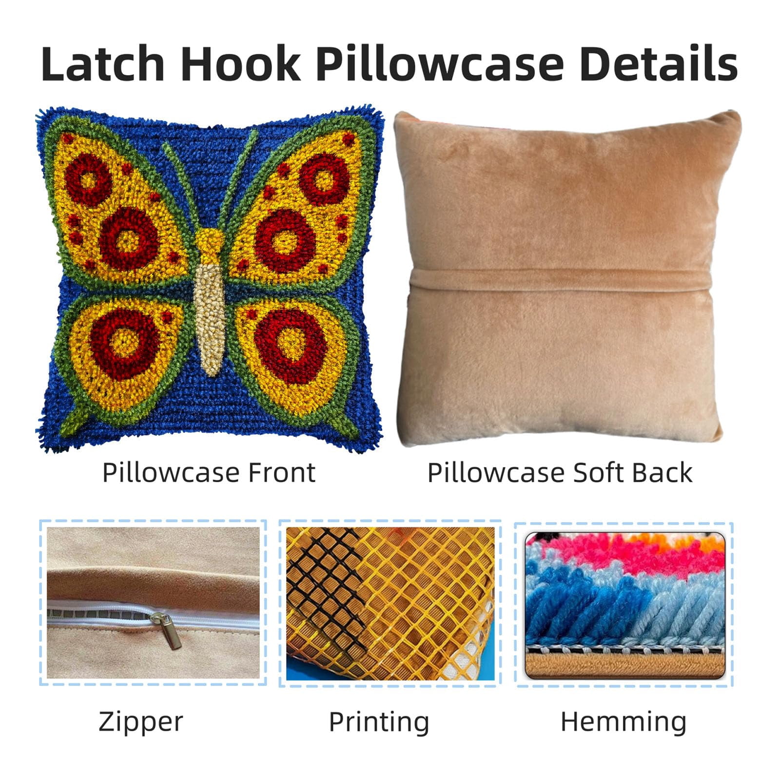 DIY Latch Hook Pillow Kits Yellow Butterfly with Red Wing Printed Pillowcase Crochet Yarns Hooking Handmade Pillow Cover Cushion for Home Sofa Decoration 17x17inch-2