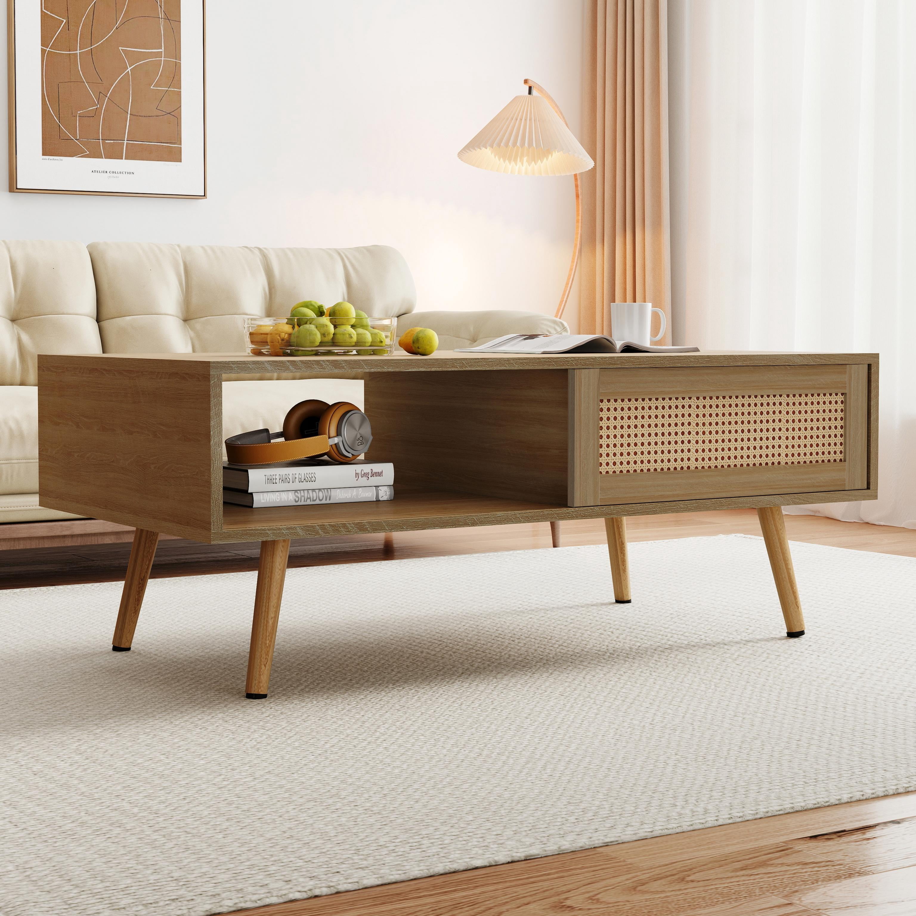 PAPROOS Rattan Coffee Table with Sliding Storage Door, Solid Wood Legs - Ideal for Living Rooms, Natural